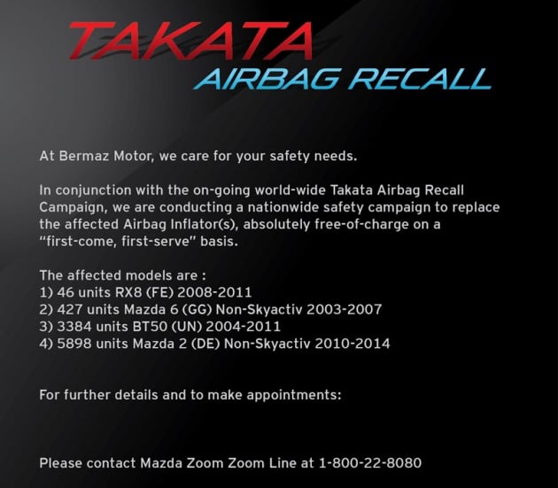 Bermaz expands Takata airbag recall campaign for Mazda vehicles – RX-8, BT-50 (UN) and 2 (DE) affected