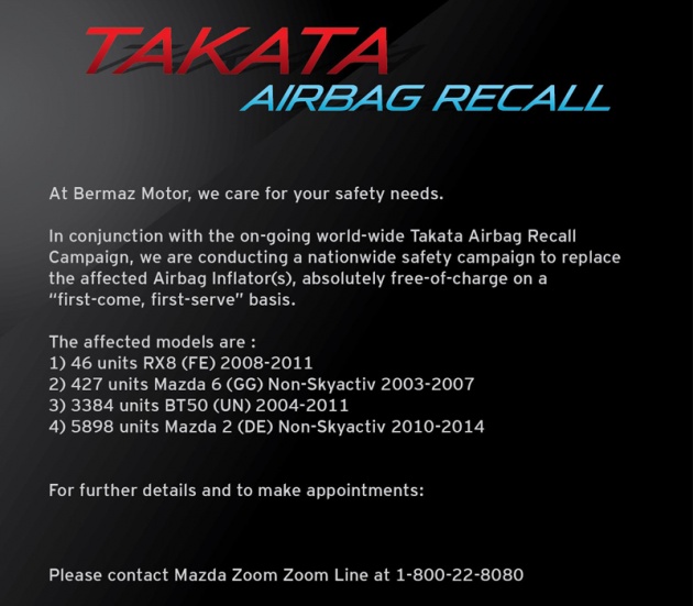Bermaz umum panggilan semula terkini untuk inflator beg udara Takata bagi model Mazda di Malaysia