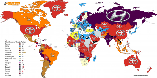 Most searched car brands around the world in 2016