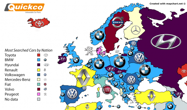Most searched car brands around the world in 2016
