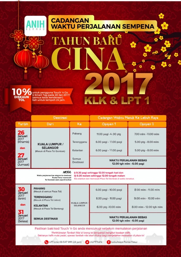 Diskaun tol 10% di Plaza Tol Gombak, Plaza Tol Bentong, Plaza Tol Karak sempena Tahun Baharu Cina