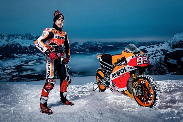 Marc Marquez races MotoGP machine on snow and ice