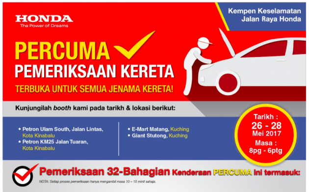 Honda M’sia tawar pemeriksaan percuma untuk semua jenis kereta, termasuk dari jenama lain di Borneo