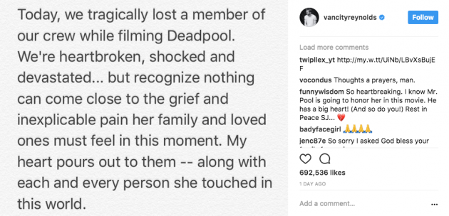Pelakon aksi lagak ngeri filem Deadpool 2 meninggal dunia selepas kemalangan di set penggambaran
