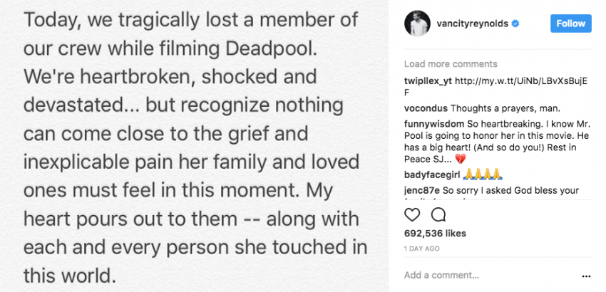 Pelakon aksi lagak ngeri filem Deadpool 2 meninggal dunia selepas kemalangan di set penggambaran 699747