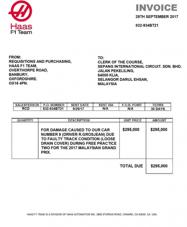 Invois tuntutan bernilai RM1.24 juta dari pasukan F1 HAAS terhadap SIC yang tular adalah palsu – laporan