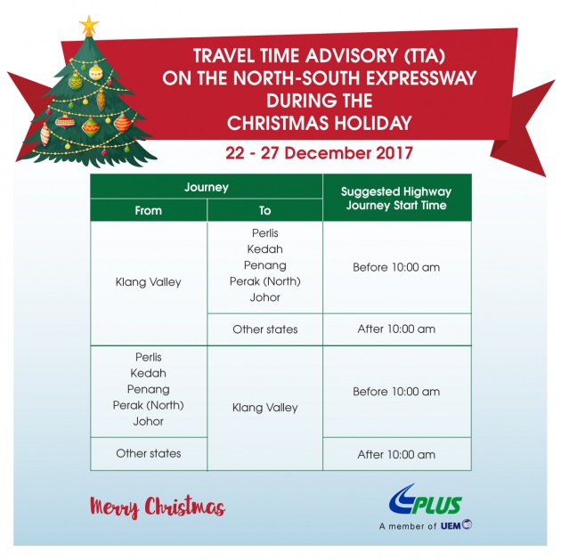 PLUS releases travel time advisory for Christmas