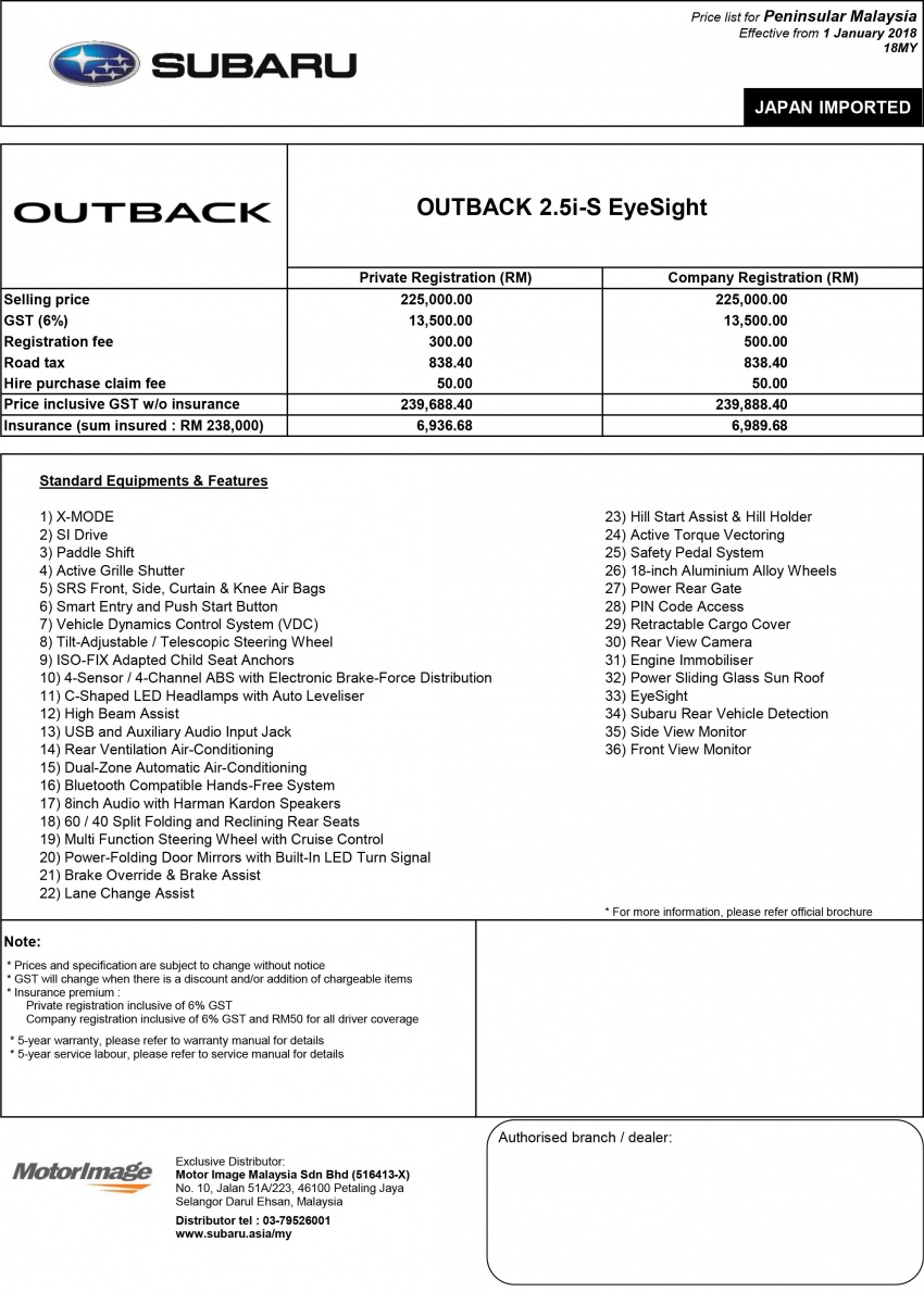 2018 Subaru Outback 2.5i-S EyeSight official price list revealed – RM239,688, order books are now open 773178