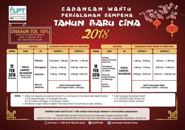 Anih tawar diskaun tol 10% dan keluarkan cadangan jadual perjalanan sempena Tahun Baharu Cina 2018