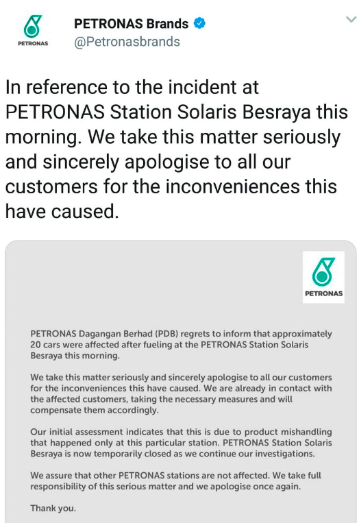Petronas mohon maaf ekoran insiden 20 buah kereta rosak akibat petrol bercampur air di Solaris Besraya