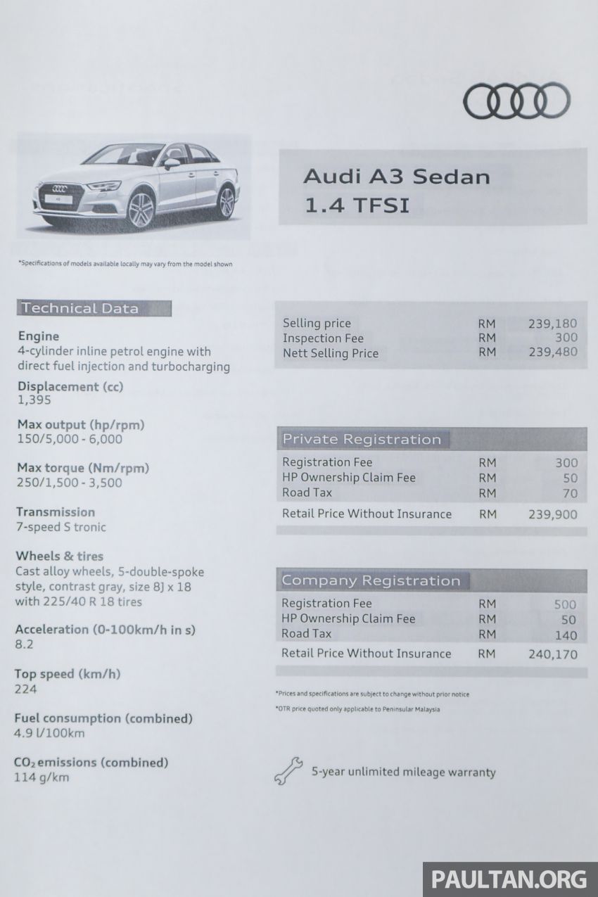Audi A3 Sedan 1.4 TFSI <em>facelift</em> kini di Malaysia – hanya satu varian, 150 HP/250 Nm, harga RM239,900 938545
