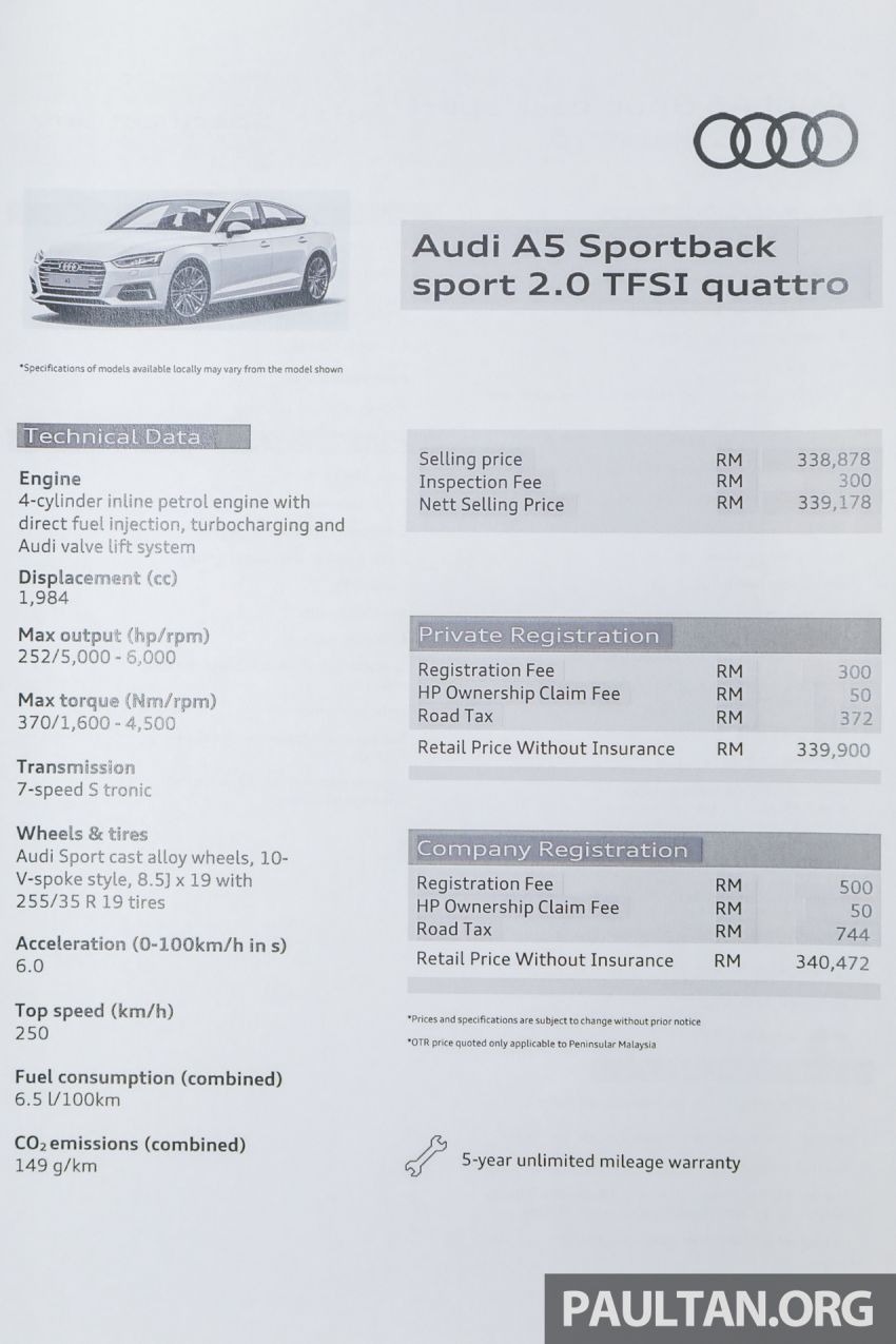 Audi A5 Sportback 2.0 TFSI quattro F5 dipertonton di Malaysia – 252 hp, 370 Nm dengan harga RM339,900 938533