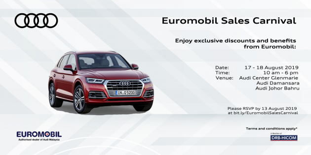 AD: Enjoy unmissable deals on an Audi at Euromobil Sales Carnival this weekend, August 17 to 18!