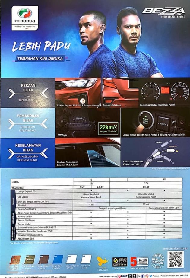Brosur Perodua Bezza 2020 bocor – harga bermula RM36k-RM50k, ASA 2.0, VSC, TRC dan Lampu LED