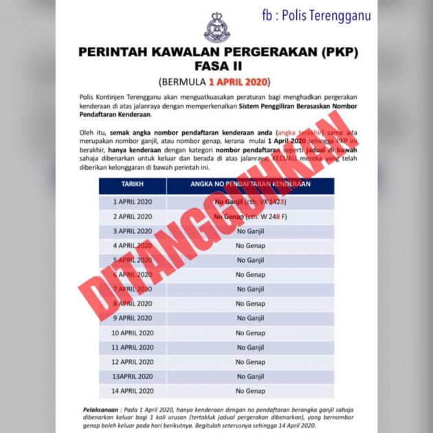 Terengganu police postpone odd/even registration number rotation system for MCO vehicle movement