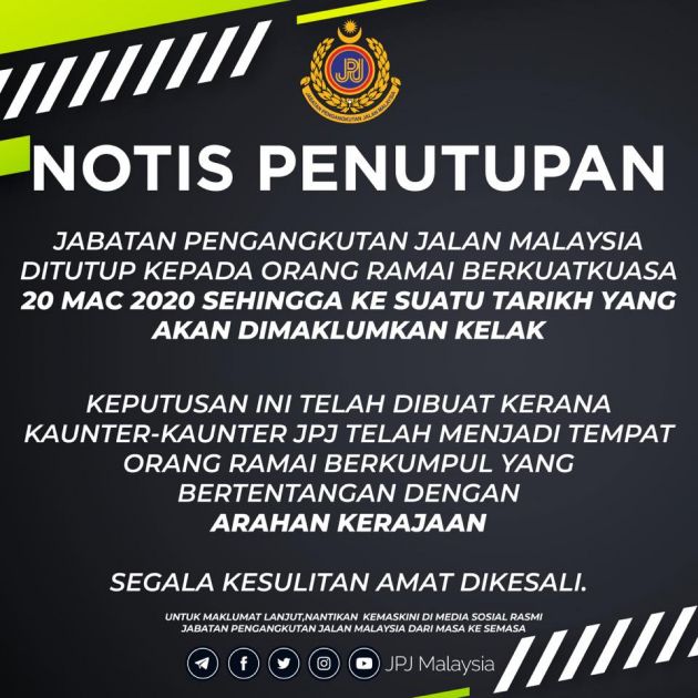 JPJ tutup perkhidmatan di kaunter mulai 20 Mac ini