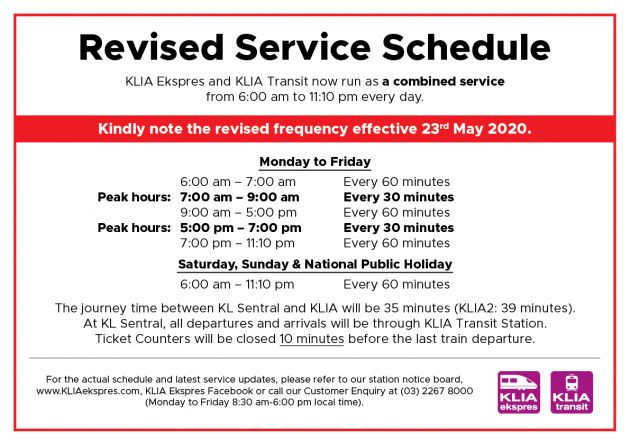 ERL revises train schedule – KLIA Ekspres and KLIA Transit services now combined, 6am to 11.10pm daily
