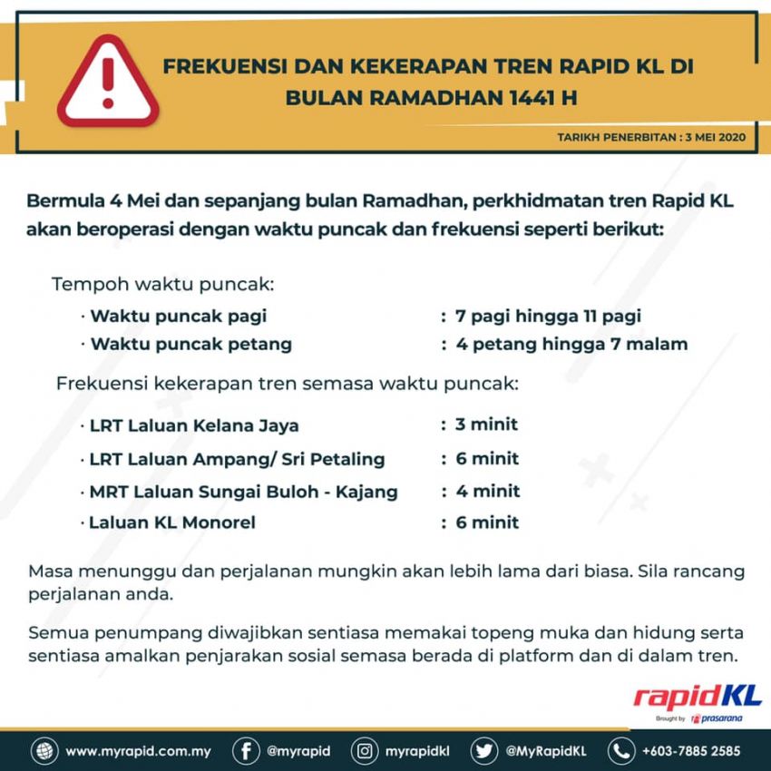 New Rapid KL train schedule effective May 4 – social distancing measures in place, face mask compulsory 1114191