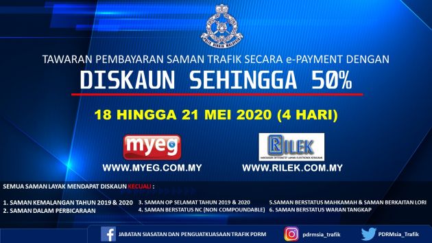 Diskaun saman trafik hingga 50%  mulai 18-21 Mei, boleh bayar di portal atau di kaunter IPD dan IPK