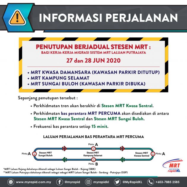 Tiga stesen MRT ditutup sementara pada 27-28 Jun ini