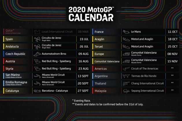 2020 MotoGP: Racing resumes July 19 with 13 races, Malaysia MotoGP to be decided by July 31