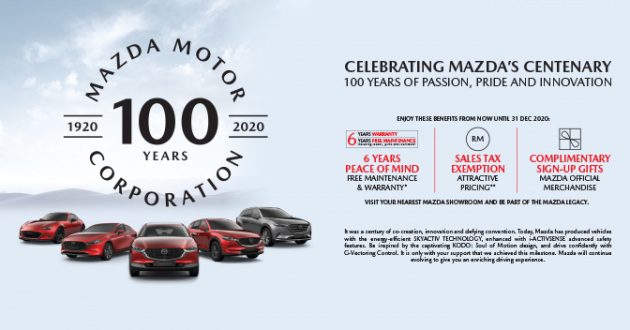 Jaminan enam-tahun, kos selenggara percuma hingga 31 Disember sempena ulang tahun ke-100 Mazda