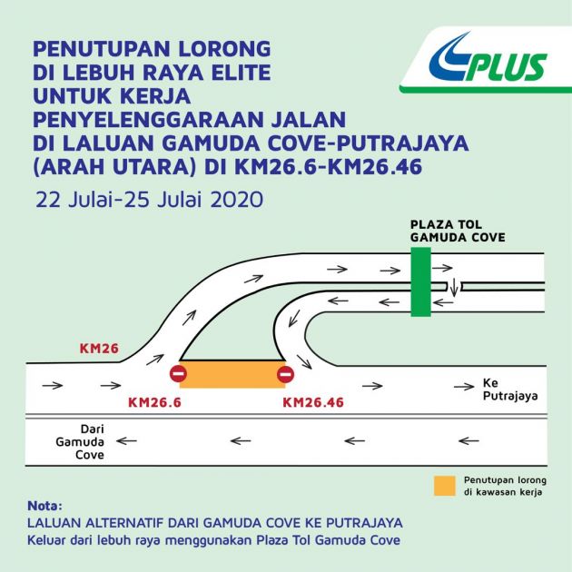 Penutupan lorong di KM26.6-KM26.46 Lebuhraya ELITE di laluan Gamuda Cove-Putrajaya 22-25 Julai