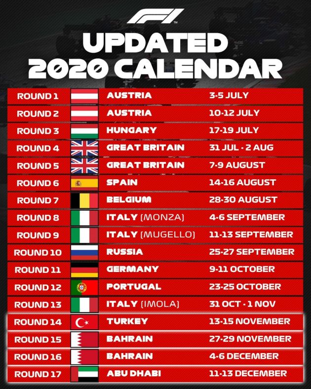 Formula 1 2020: Turkish, Bahrain, Sakhir, Abu Dhabi Grand Prix added to 2020 season – 17 races in total