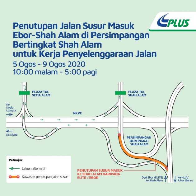 Jalan susur masuk Ebor-Shah Alam di persimpangan bertingkat Shah Alam ditutup hingga 9 Ogos – PLUS