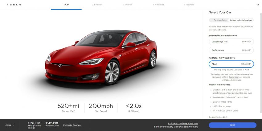 Tesla Model S Plaid revealed – 3 electric motors; 1,100 hp; 0-96 km/h under two seconds; 322 km/h top speed Image #1180815