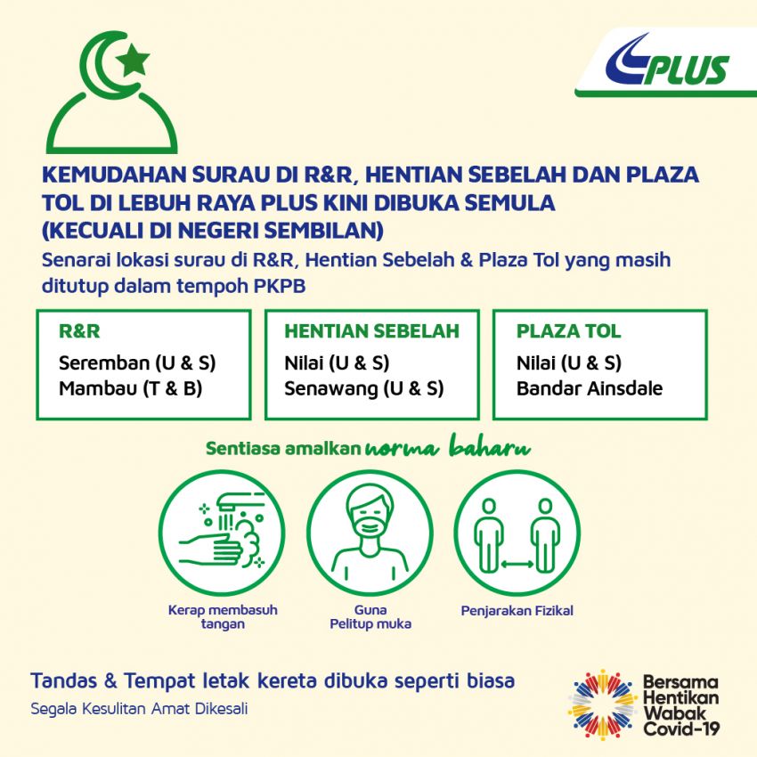 PLUS umum surau dibuka semula di R&R, plaza tol, hentian sebelah di lebuhrayanya kecuali di N.Sembilan 1209837