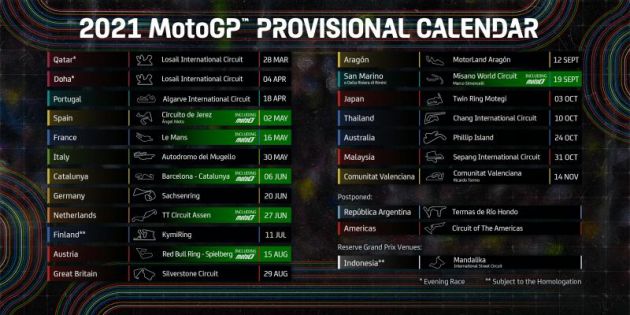 2021 MotoGP provisional calendar released – Malaysia set for Oct 31, pending lifting of travel restrictions