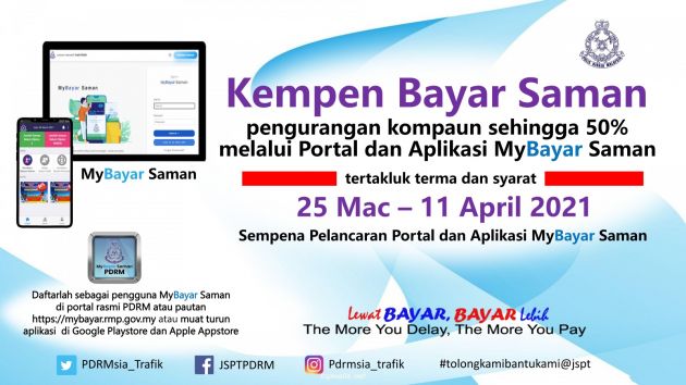 PDRM lancar portal, aplikasi mobil MyBayar Saman; diskaun saman hingga 50% dari 25 Mac-11 April 2021