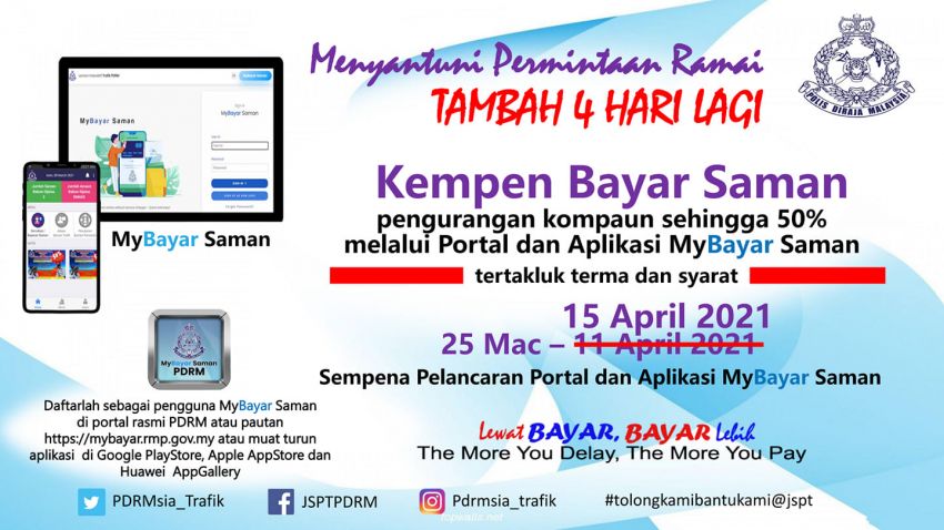 PDRM umum diskaun 50% untuk saman trafik menerusi MyBayar Saman dilanjutkan hingga 15 Apr 1278152