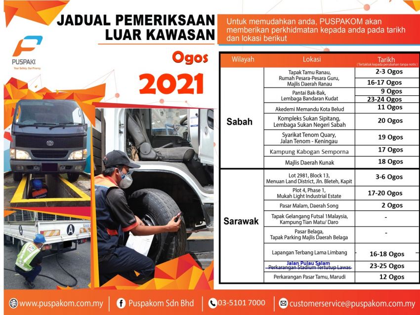 Puspakom’s August 2021 schedule for mobile inspection unit and Sabah/Sarawak off-site tests 1323431