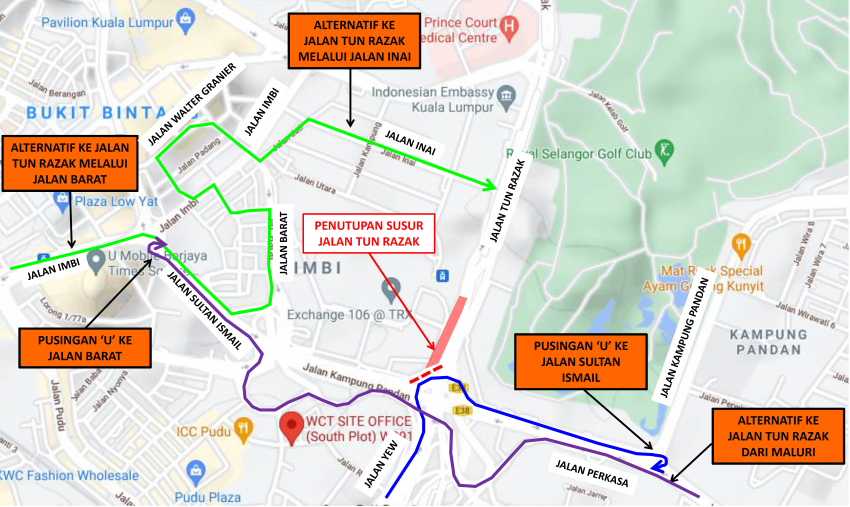 Susur ke Jalan Tun Razak ditutup sementara mulai 13 hingga 18 Ogos 2021 untuk kerja naiktaraf jalan di TRX 1329347