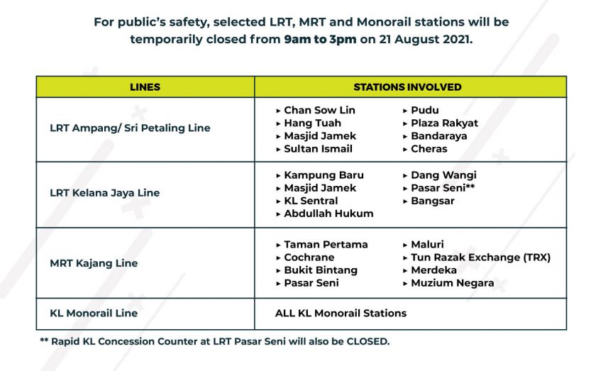 Rapid KL announces temporary closure of 15 LRT, 8 MRT and all Monorail stations tomorrow, 9am to 3pm 1333724