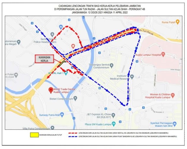 Penutupan jalan, lencongan di Jln Sultan Azlan Shah ke Lebuhraya Sultan Iskandar hingga 11 April 2022