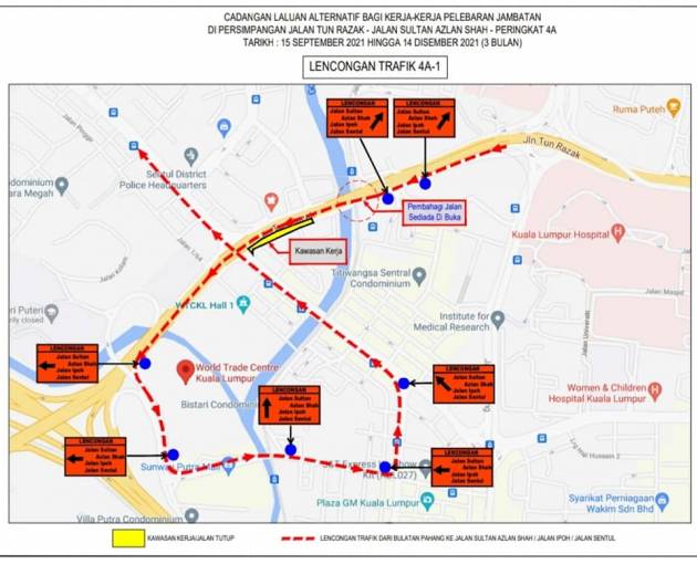 Penutupan jalan, lencongan trafik di Jln Sultan Azlan Shah/Jln Tun Razak hingga 14 Dis 2021 –  DBKL