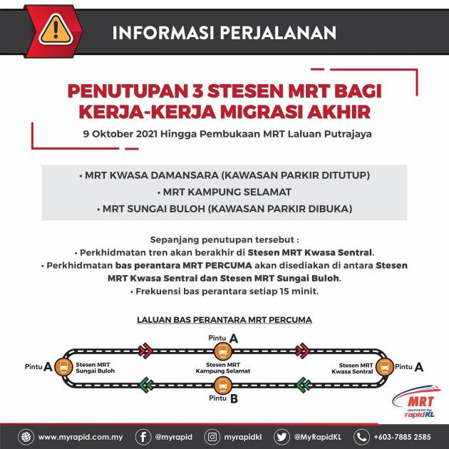3 stesen MRT ditutup mulai 9 Okt hingga pembukaan MRT Laluan Putrajaya – bas perantara disediakan