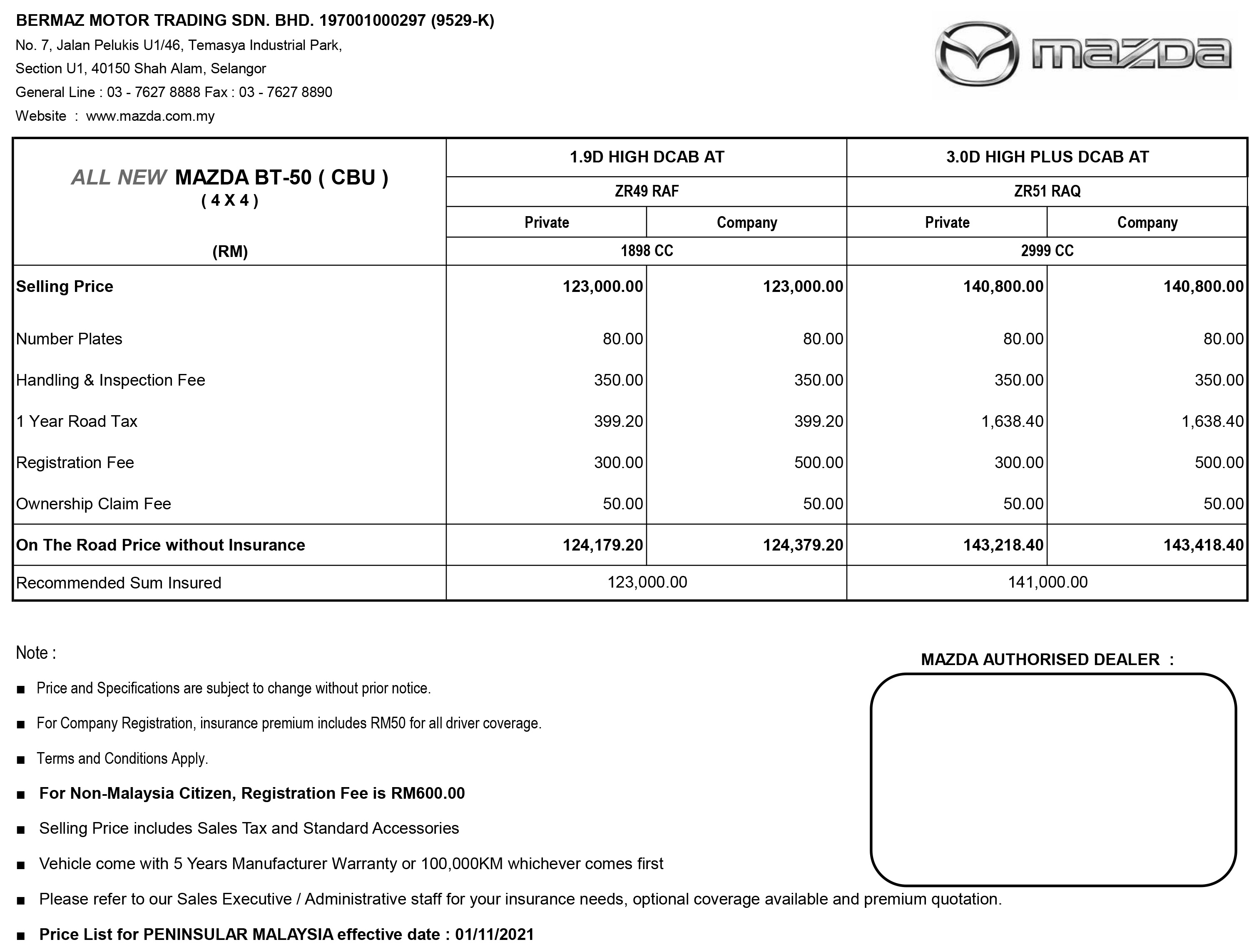 2022 Mazda BT-50 Malaysia price list Peninsular Malaysia-1