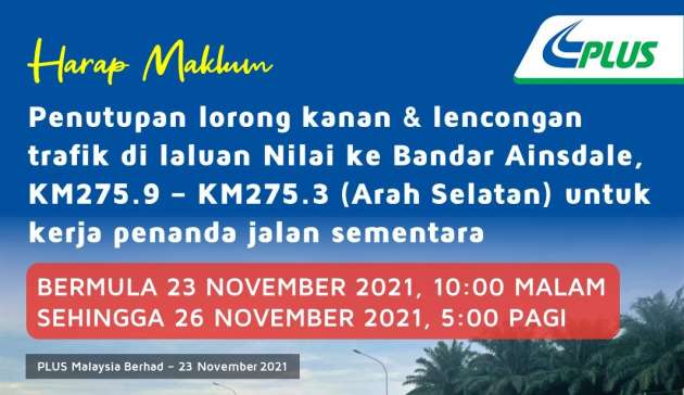 Lane closure at PLUS Nilai to Bandar Ainsdale stretch - paultan.org