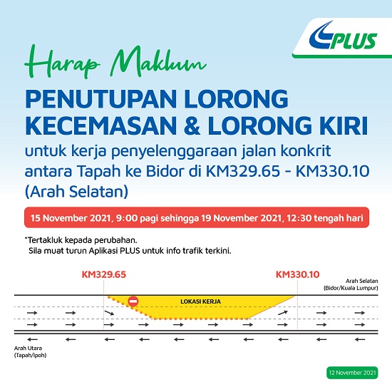 PLUS umum lorong kecemasan dan kiri di KM329.65-KM330.10 antara Tapah-Bidor tutup hingga 19 Nov ini