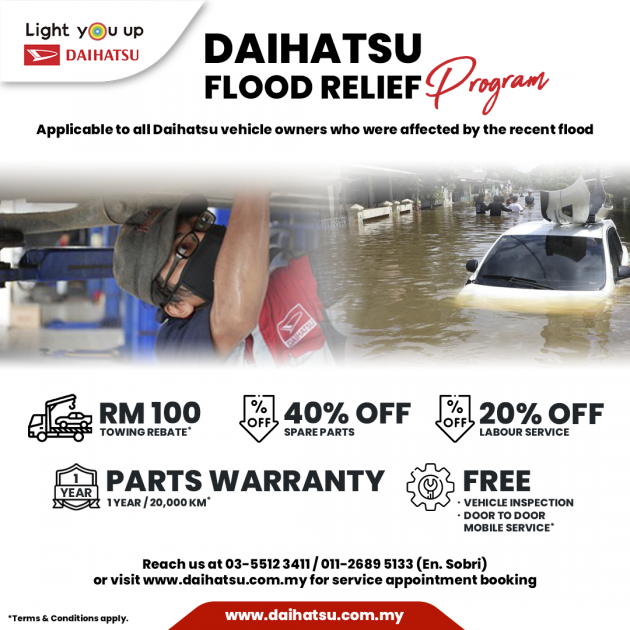 Daihatsu flood relief programme - up to 40% discount on parts, 20% off labour, plus RM100 towing subsidy - paultan.org