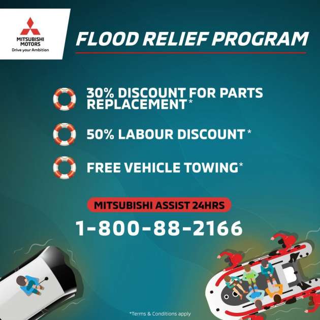 Mitsubishi flood relief programme – 30% off genuine parts, labour 50% off, free towing; until January 20