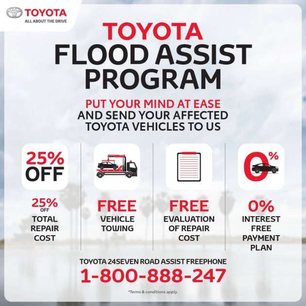 UMWT flood assistance for Toyota customers – 25% off total repair bill; free towing; 0% easy payment plan