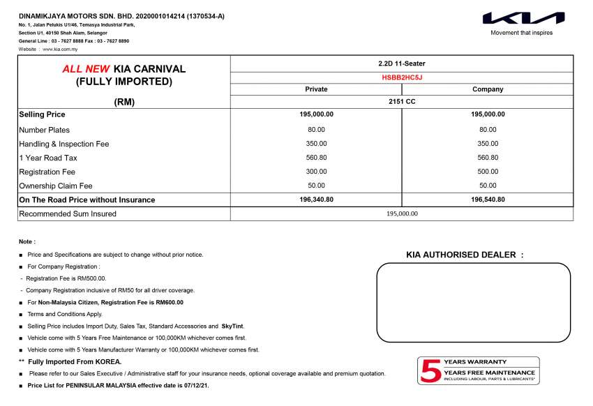 2022 Kia Carnival on sale in Malaysia, RM196k price 1403279