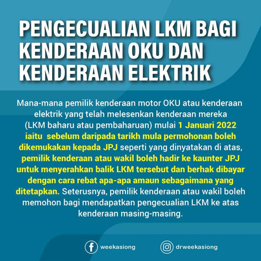 Pemohonan pengecualian fi cukai jalan EV, kenderaan CKD modifikasi untuk OKU dibuka esok hingga 2025 1414584