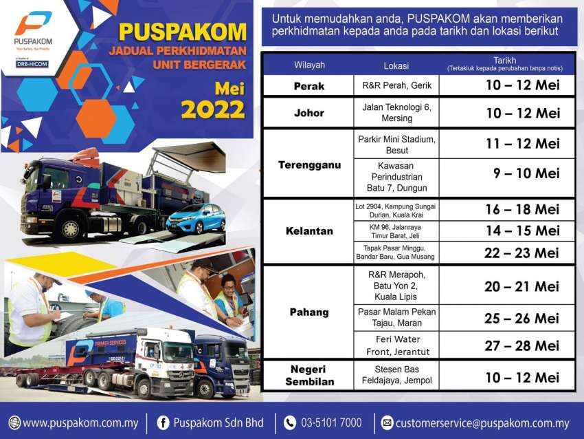 Puspakom’s May 2022 schedule for mobile inspection truck unit and off-site tests for Sabah, Sarawak 1449291