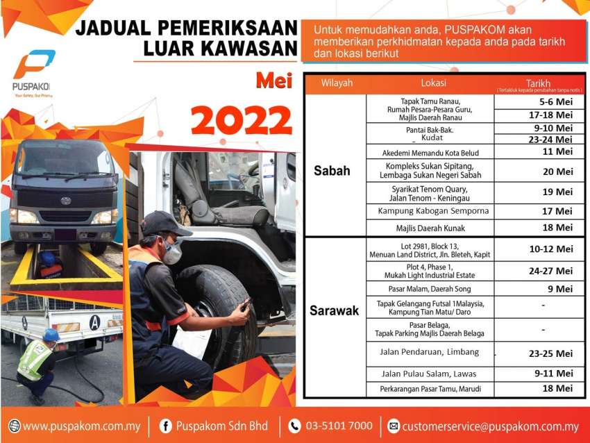 Puspakom’s May 2022 schedule for mobile inspection truck unit and off-site tests for Sabah, Sarawak 1449292